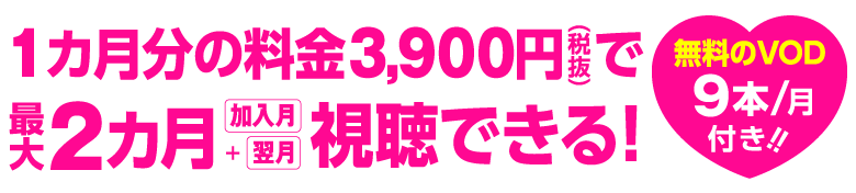 1カ月分の料金3,900円(税抜)で、最大2カ月「加入月」+「翌月」視聴できる!
