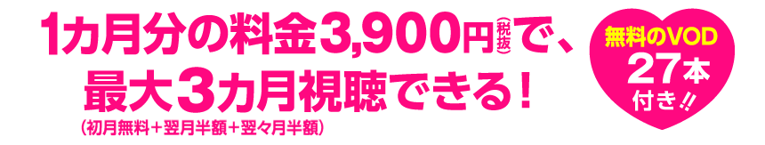 1カ月分の料金3,900円(税抜)で、最大3カ月「加入月」+「翌月」視聴できる!
